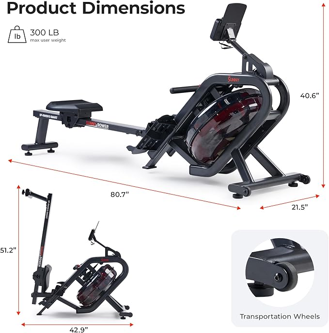 Sunny Health & Fitness Flip & Foldable Rowing Machine for Home w/Extended Slide Rail, Full-Body Workout, Low-Impact, Optional Extra Long Rail, Quiet Rail Cover, Water Motion and Free SunnyFit App