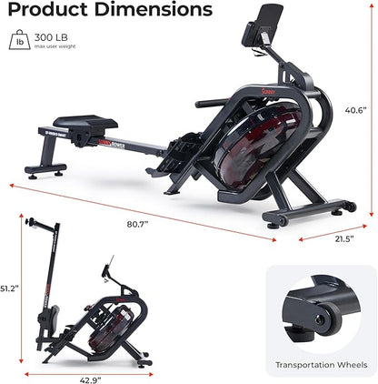 Sunny Health & Fitness Flip & Foldable Rowing Machine for Home w/Extended Slide Rail, Full-Body Workout, Low-Impact, Optional Extra Long Rail, Quiet Rail Cover, Water Motion and Free SunnyFit App