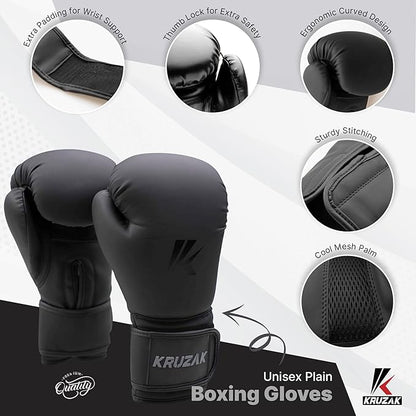 Kruzak Matte Black Boxing Gloves and Pads, Boxing Gloves Training Set for Kickboxing and Muay Thai MMA Training - Boxing Kit for Adults with Punching Pads for Martial Arts and Karate