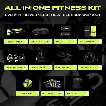 Ex Kit Home Gym Equipment with Carry Bag - 10Pcs Resistance Bands Kit with Handles, Door Anchor, Jump Rope, Booty Bands & More – Full Body Workout Bands Set for Strength, Cardio & Flexibility