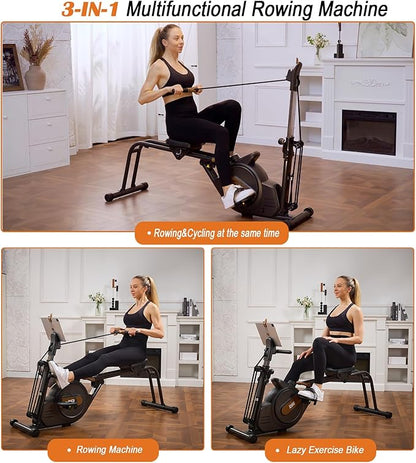 3 in 1 Rowing Machine, Dual Slide Rail 6-Level Adjustable Height with Max 350lb Weight Capacity, Home Fitness Rower for Full Body Workout, App Compatible