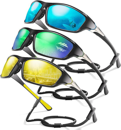 3 Pack Polarized Sports Sunglasses for Men, Mens Sunglasses Wrap Around UV400 Protection for Cycling Fishing Driving