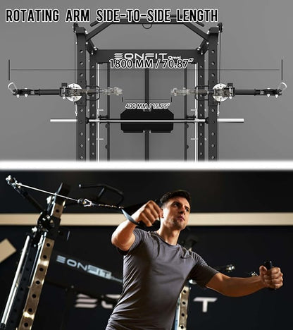 Eonfit E5 Smith Machine with Vertical Leg Press, Power Cage Squat Rack with LAT-Pull Down Cable Crossover Rotating Arms System Home Gym Equipment All in One (E5 RED)