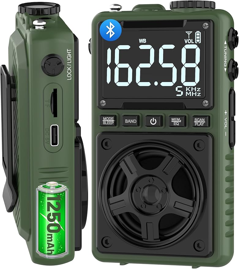 Bluetooth AM FM Shortwave Radio with NOAA Weather Alert,1250mAh Rechargeable Portable Pocket Radio with Best Reception,5W Big Speaker, Digital Tuner and Earphone,Support SD Card and USB MP3 Player
