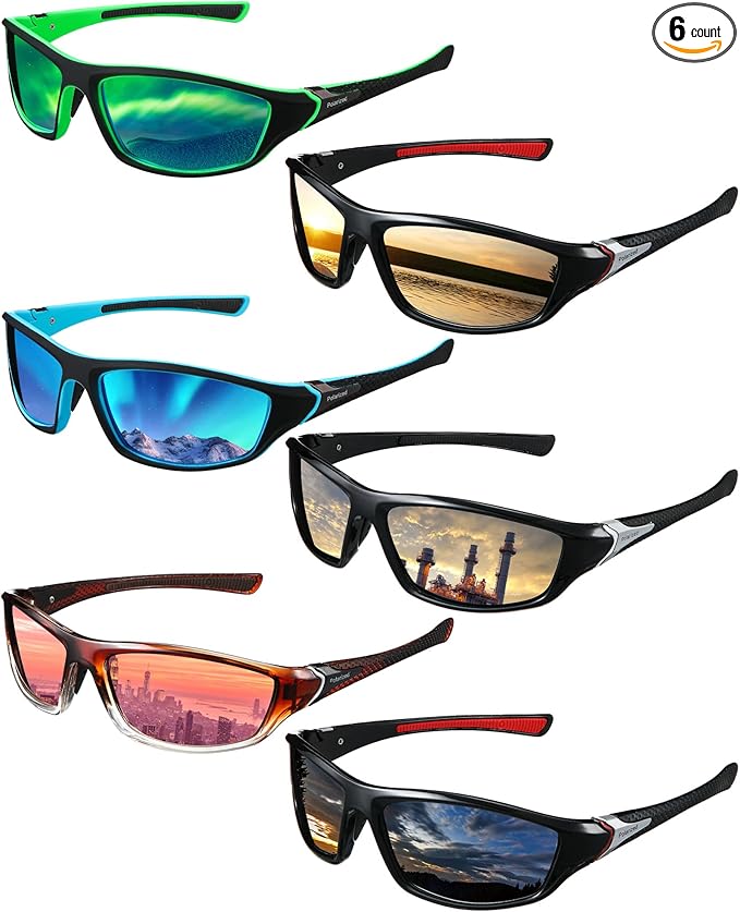 Frienda 6 Pack Polarized Sport Sunglasses for Men Multipack Fit over Glasses Pack Lot Set Men's Sport Fishing Eyeglasses