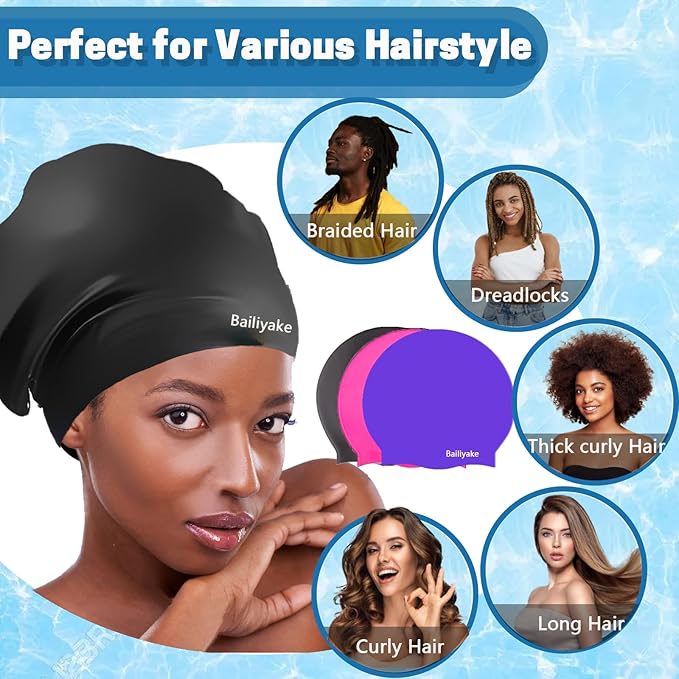 3 Pack Extra Large Swim Cap for Braids & Dreadlocks - Waterproof Silicone Swim Hat for Women with Long Thick Hair, Protective Swim Cap Cover Ears for Swimming, Shower, Bathing