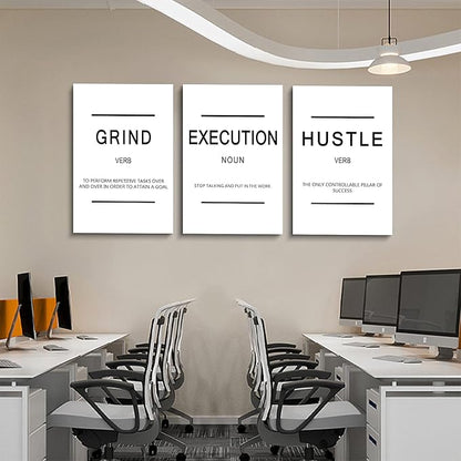 Framed Canvas Wall Art Success Quote, Office Wall Art, White Large Poster, Positive Motivational Set of 3 Prints, Grind Execution Hustle Poster, Inspirational Print