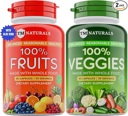 Fruit and Veggies Supplement Vitamins for Men and Women - Super Fruits and Veggies Capsules to Support Balanced Nutrition and Energy Levels - Whole Natural Super Foods 90 Count (Pack of 2)