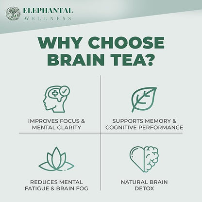 Elephantal Wellness Premium Brain Herbal Tea | Nootropic Focus & Mental Clarity Support with Ginkgo, Bacopa, Ashwagandha & Gotu Kola | Handmade, Caffeine-Free, Non-GMO Loose Leaf Blend, 4oz Loose Leaf, 40 Servings