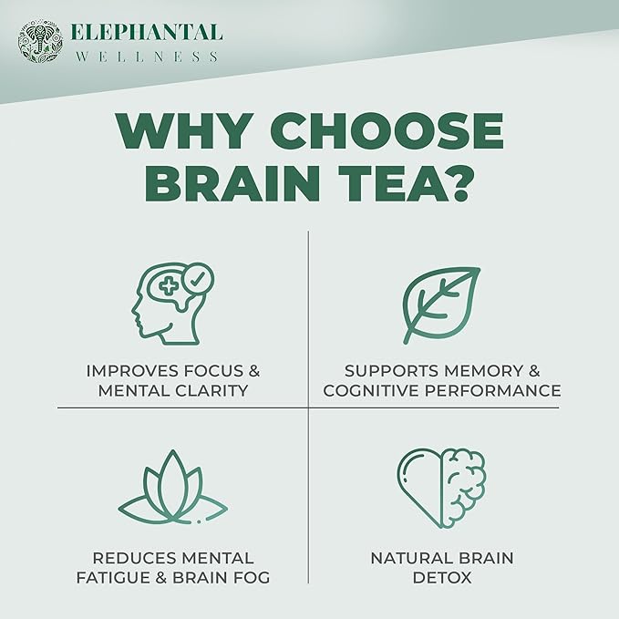 Elephantal Wellness Premium Brain Herbal Tea | Nootropic Focus & Mental Clarity with Ginkgo, Bacopa, Gotu Kola & Rosemary | Non-GMO, Caffeine-Free Coffee Alternative, Handmade Loose Leaf Blend, 2oz Loose Leaf, 20 Servings