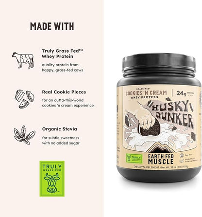 Earth Fed Muscle Husky Dunker Cookies N' Cream Truly Grass Fed Whey Protein Powder - No Artificial Ingredients, Soy Free, Non-GMO and Hormone Free (2 Pound, 27 Servings, Cookies n' Cream)