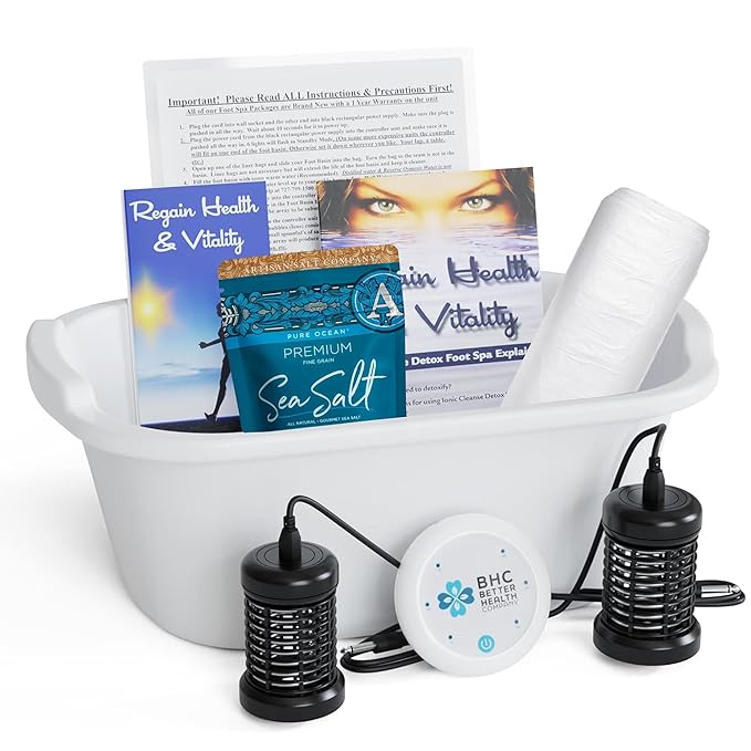 Ionic Foot Bath Detox Machine for Home Use - Free Regain Health & Vitality Booklet & Brochure - 2 Arrays, 20 Basin Liners, Detox Sea Salt, Basin 12QT