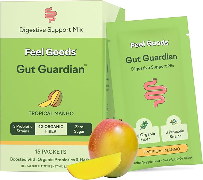 Feel Goods Gut Guardian, Organic Fiber, Probiotic & Prebiotic Powder, Sugar Free, Herbs for Bloat, Gut Health Support, Digestive Health for Men & Women, Non GMO, Vegan, Tropical Mango, 15 Servings