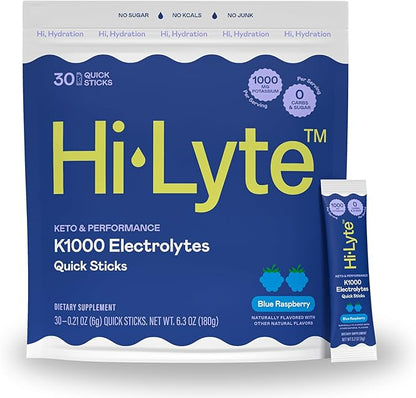 Hi-Lyte Keto & Performance - K1000 Electrolyte Quick Sticks - Blue Raspberry - 1000mg Potassium, Magnesium, Calcium - Single-Serve Packets for Keto Hydration Support - No Sugar, No Carbs