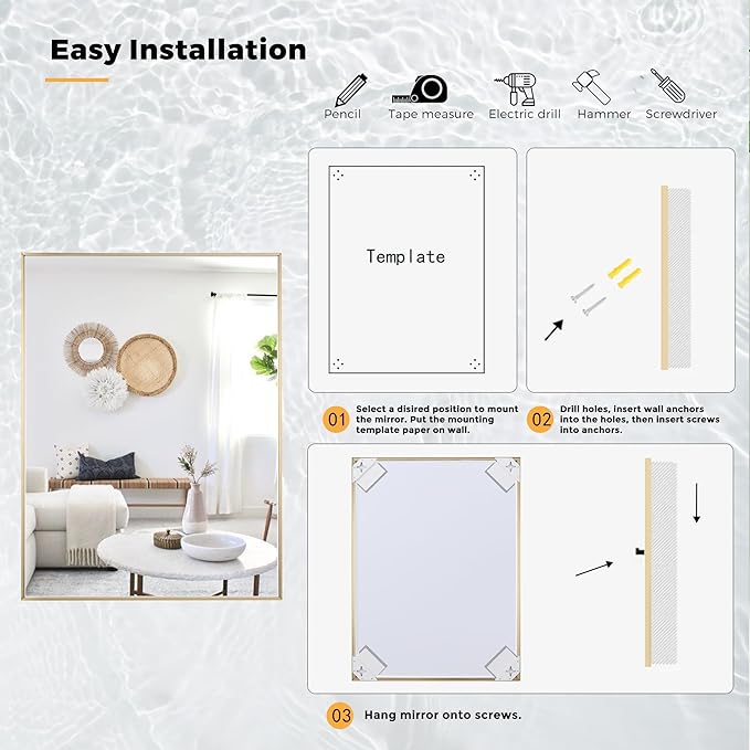 20x40 Inch Brass Bathroom Mirror for Wall, Aluminum Frame Rectangle Rectangular Vanity Mirror, Modern Large for Bedroom, Living Room, Horizontal or Vertical