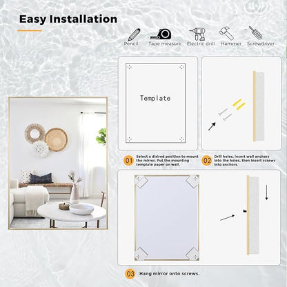 27x36 Inch Brass Bathroom Mirror for Wall, Aluminum Frame Rectangle Rectangular Vanity Mirror, Modern Large for Bedroom, Living Room, Horizontal or Vertical