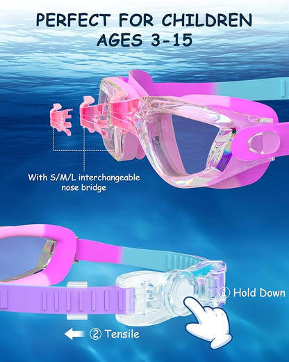 Kids Swim Goggles, Swimming Goggles for Kids Toddlers 3-14 with Swim Cap, Nose Clip, Nose Bridge, Ear Plugs
