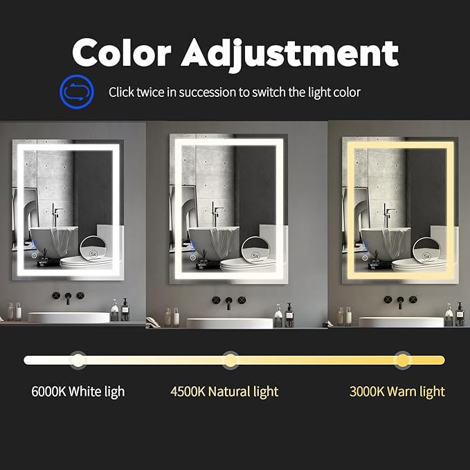 LED Bathroom Mirror with Lights Mirrors Smart Vanity 32x24 in,Anti-Fog,3 in,Anti-Fog,3 Colors Dimmable,CRI95+, Touch