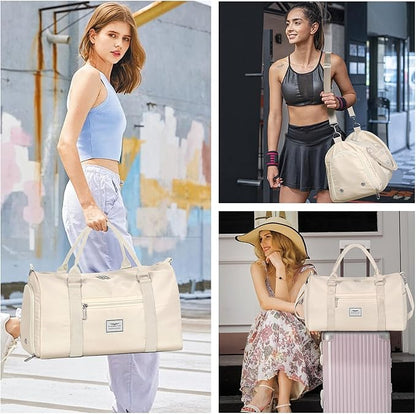 FIORETTO Womens Gym Tote Duffle Bag with Toiletry Bag, Sports Duffel Overnight Hospital Workout Carry on Bag for Girls with Wet Pocket & Shoe Compartment, Ideal for Travel, Swimming, Dance Beige