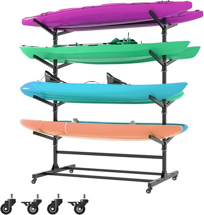 Kayak Storage Rack, Heavy Duty Kayak Stand Canoe Rack with Wheels, Freestanding Kayak Holder Stand for Kayaks, Canoes, Surfboard, Paddleboard Storage