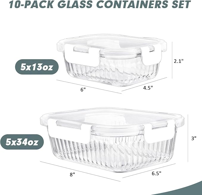 10 Packs Glass Food Storage Containers Set, Glass Meal Prep Containers with Lids, Airtight Lunch Containers, Microwave, Oven, Freezer and Dishwasher Safe, White