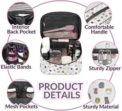Large Makeup Bag Travel Cosmetic Bags for Women White Cute Colorful Animal Cat Makeup Organizer Case Toiletry Bag for Girls Traveling Wide Open Portable Pouch with Handle