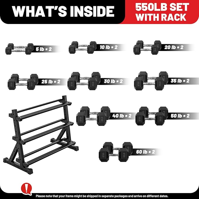 PAPABABE Hex Dumbbell Set with Rack, Rubber Encased Free Weight with Weight Storage Racks, Multiple Weight Options for Home Gym and Fitness