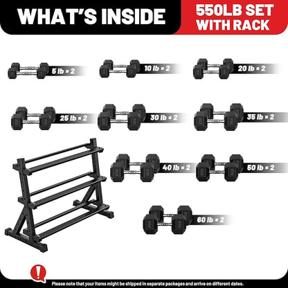 PAPABABE Hex Dumbbell Set with Rack, Rubber Encased Free Weight with Weight Storage Racks, Multiple Weight Options for Home Gym and Fitness