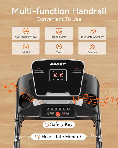 Treadmill for Home, 3.0HP Folding Treadmill with Incline, 300 lbs Capacity, Bluetooth & Heart Rate Sensor, Space-Saving Design