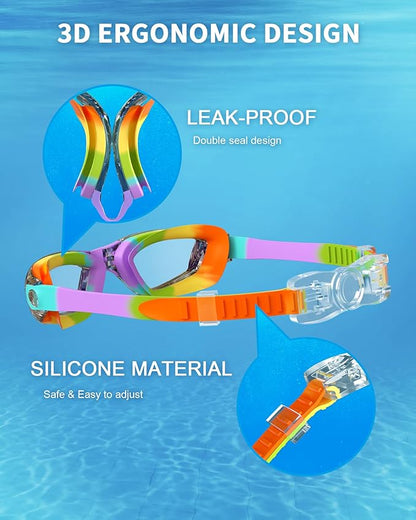 Kids Swim Goggles, Swimming Goggles for Kids with Nose Clip, Earplugs, Nose Bridge for Age 3-15