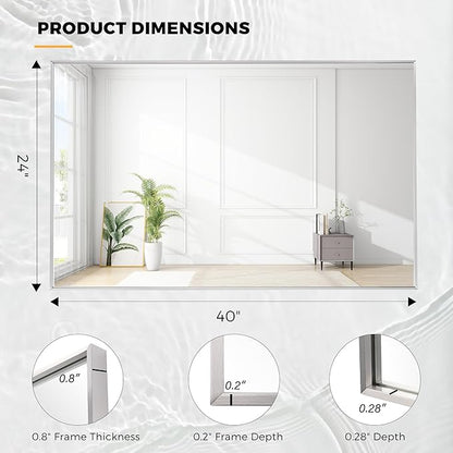 24x40 Inch Nickel Bathroom Mirror for Wall, Aluminum Frame Rectangle Rectangular Vanity Mirror, Modern Large for Bedroom, Living Room, Horizontal or Vertical