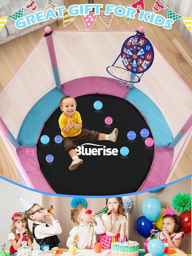 BLUERISE Trampoline 55IN 6FT Toddler Trampoline for Kids Indoor Outdoor Play for Kids Trampoline Basketball Hoop Attachment with Enclosure Net Easy to Assemble Outdoor Indoor Trampoline