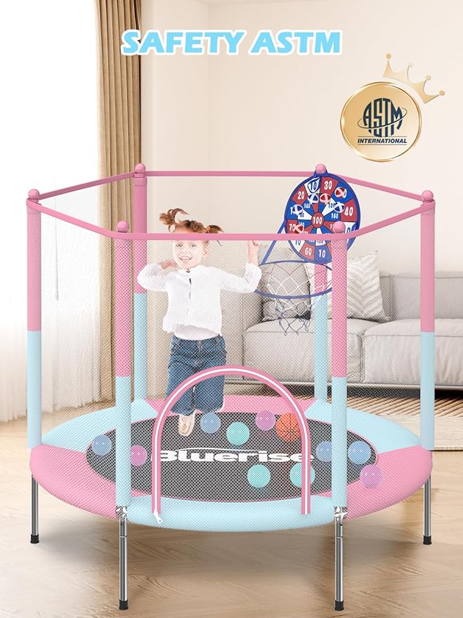 BLUERISE Trampoline 55IN 6FT Toddler Trampoline for Kids Indoor Outdoor Play for Kids Trampoline Basketball Hoop Attachment with Enclosure Net Easy to Assemble Outdoor Indoor Trampoline