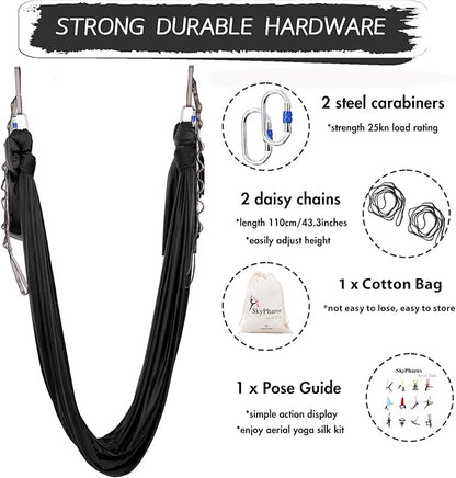 5.5 Yards Aerial Silks Yoga Swing Set - Aerial Yoga Hammock Kit Anti-Gravity Flying for Fitness, Low/Non Stretch Nylon Tricot Fabric Hardware Included for Dance