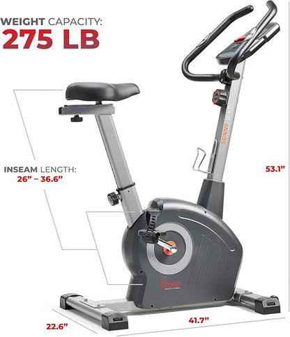 Sunny Health & Fitness Smart Stationary Exercise Upright Bike w/Pulse Sensor & 4-Way Adjustable Seat, Cycling Machine for Home Cardio Training, Free SunnyFit App Connection, Optional Resistance Band