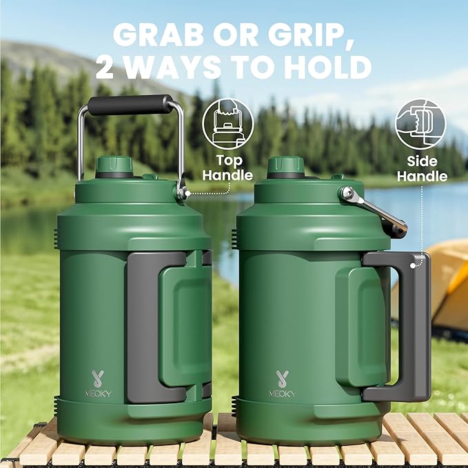 1 Gallon Insulated Water Bottle for Hiking: Meoky 128 oz Triple Wall Vacuum Stainless Steel Metal Water Jug - Top and Side Handles, Cold for 48 Hrs, 2-in-1 Straw and Spout Lid, Leakproof for Gym (Fir)