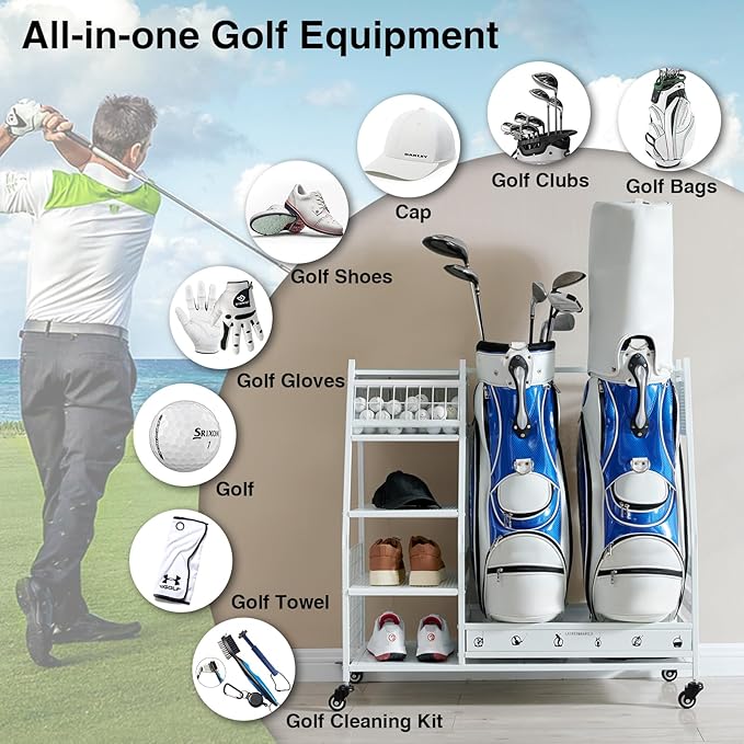 Lauren&Harold Golf Bag Organizer Garage Storage, Golf Storage Rack Stand Fits 2 Golf Bags, Golf Clubs and Other Golfing Equipment Accessories, Golf Organizer for Garage, Club, Shed, Basement