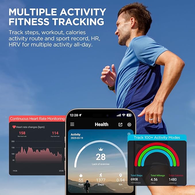 Fitness Tracker, Smart Ring for Women Men, Fitness Ring with Sleep Tracker, 24/7 Heart Rate Monitor, Health Activity Trackers, Step Counter,Calorie Pedometer,No Subscription,for iOS Android(Black,#7)