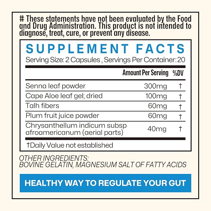 Gut Cleanse Detox for Women, Colon Cleanse & Gentle Herbal Supplements for Men, Powered with Senna Leaves, Plum, Chrysanthemum, Acacia Gum & Aloe Vera–40 Capsules (A01)