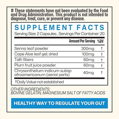 Gut Cleanse Detox for Women, Colon Cleanse & Gentle Herbal Supplements for Men, Powered with Senna Leaves, Plum, Chrysanthemum, Acacia Gum & Aloe Vera–40 Capsules (A01)