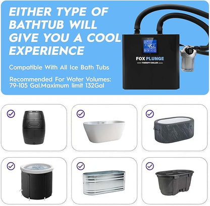 FOXPLUNGE Cold Plunge Chiller 1/2HP - 132 Gallons Water Chiller for Ice Bath Tubs with 2 Water Pumps, Filter & Hose, Remote Control, Quiet Cooling System for Home Muscle Recovery Use