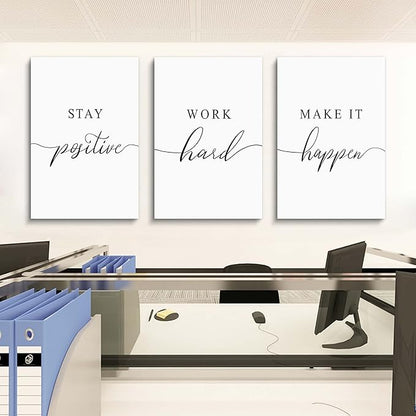 Framed Canvas Wall Art Positive Quotes Painting, Office Wall Art, white Large Poster, Positive Motivational Set of 3 Prints, work hard letters, Inspirational Wall Decor Prints (G-3pcs,24x36inchx3pcs)