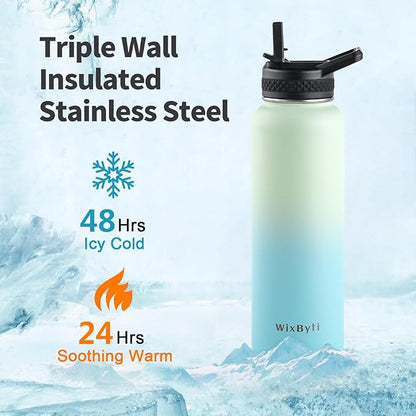 40 oz Insulated Water Bottle with Straw (Cold for 48 Hrs), Stainless Steel Triple Wall Vacuum Sports Water Jug, Leakproof Hydro Cup Flask with Paracord Handle & Straw Spout Lids & DIY Stickers