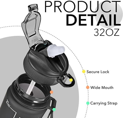 Hyeta 32 oz Water Bottles with Times to Drink and Straw, Motivational Water Bottle with Time Marker, Leakproof, Drinking Sports Water Bottle for Fitness, Gym and Outdoor