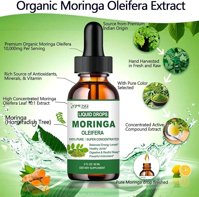 2 Pack Organic Moringa Liquid Drops, Fast-Absorbing Leaf Extract with Turmeric, Black Pepper & Vit C Immune Energy Metabolism & Joint Support丨6x Potency vs Powder Capsules丨Natural Superfood Supplement