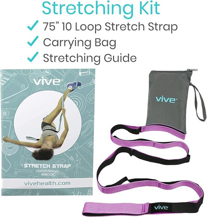 Vive Stretch Strap (75" - 10 Loops) - Leg Stretch Band to Improve Flexibility - Stretching Out Yoga Strap - Exercise and Physical Therapy Belt for Rehab, Pilates and Gymnastics with Guide Book