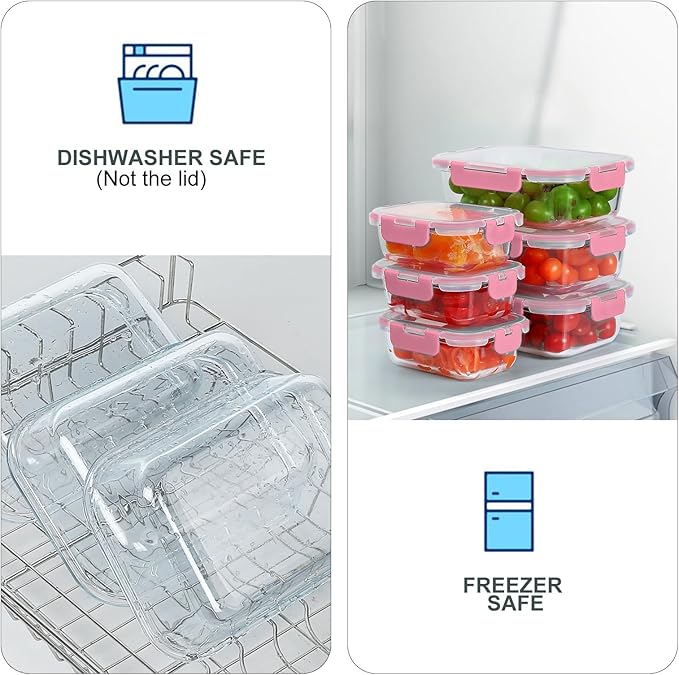 10 Pack Glass Food Storage Containers, Meal Prep Containers with Lids, Airtight Glass Lunch Boxes, Freezer, Oven, and Microwave Safe, Pink