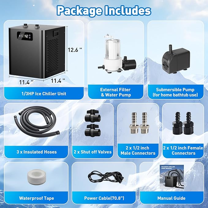 Ice Bath Water Chiller for Cold Plunge Tubs, 1/3 HP Upgraded Cold Plunge Chiller with External Filter & Pump, Energy-Efficient Cooling for Cold Therapy, Home & Outdoor Recovery