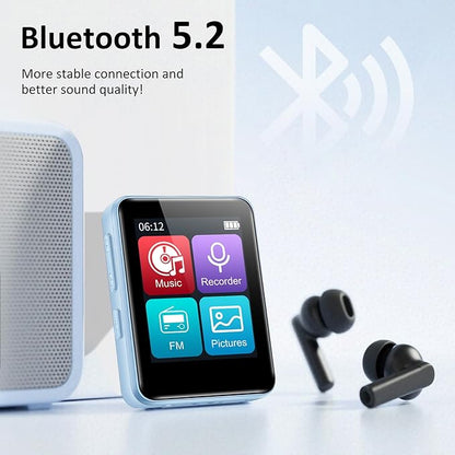 32GB MP3 Player for Kids, 1.8 inch Portable Small Music Bluetooth MP3 Player with Speaker, FM Radio, Voice Recorder, Alarm Clock, Stopwatch, Up to 512GB(Blue)