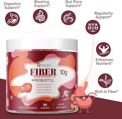 Fiber Gummies with Probiotics,10G Fiber per Serving No Sugar Added Apple Flavor, with 10 Billion CFU Probiotics Blend, Apple Cider Vinegar, Vitamin C, Inulin, Bloating Support 90 Count